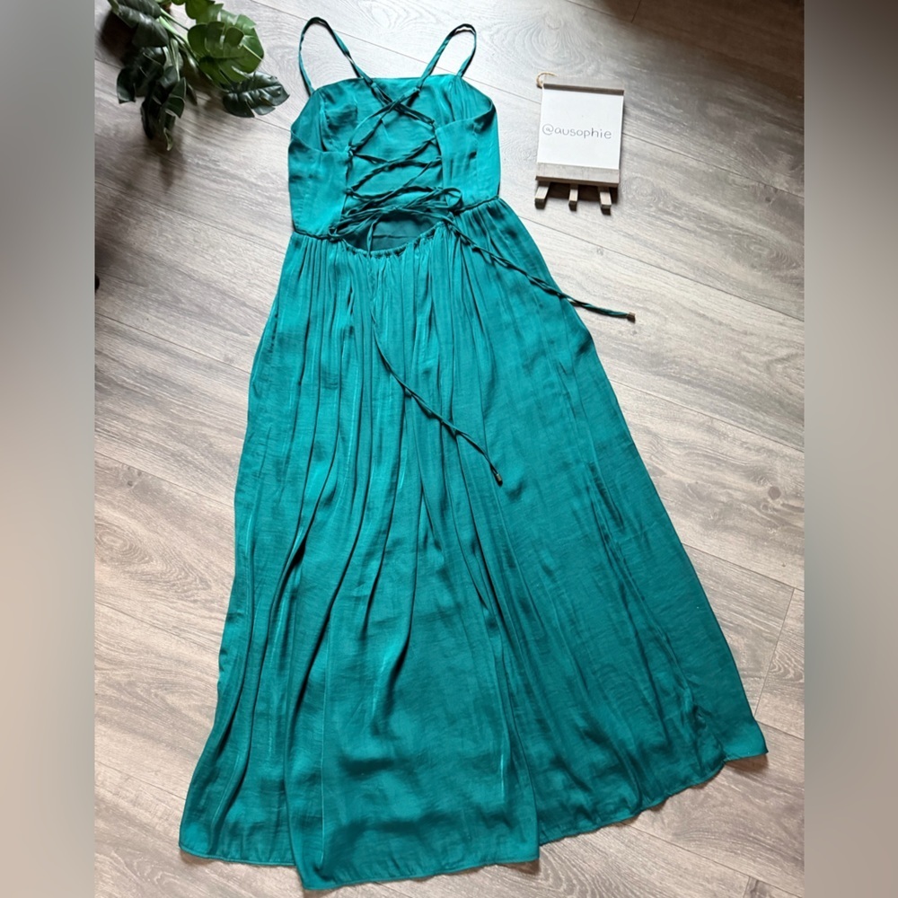 Urban Outfitters Morning Light Strappy Pleated Midi Dress Teal Green Satin Sz M - Picture 9 of 15